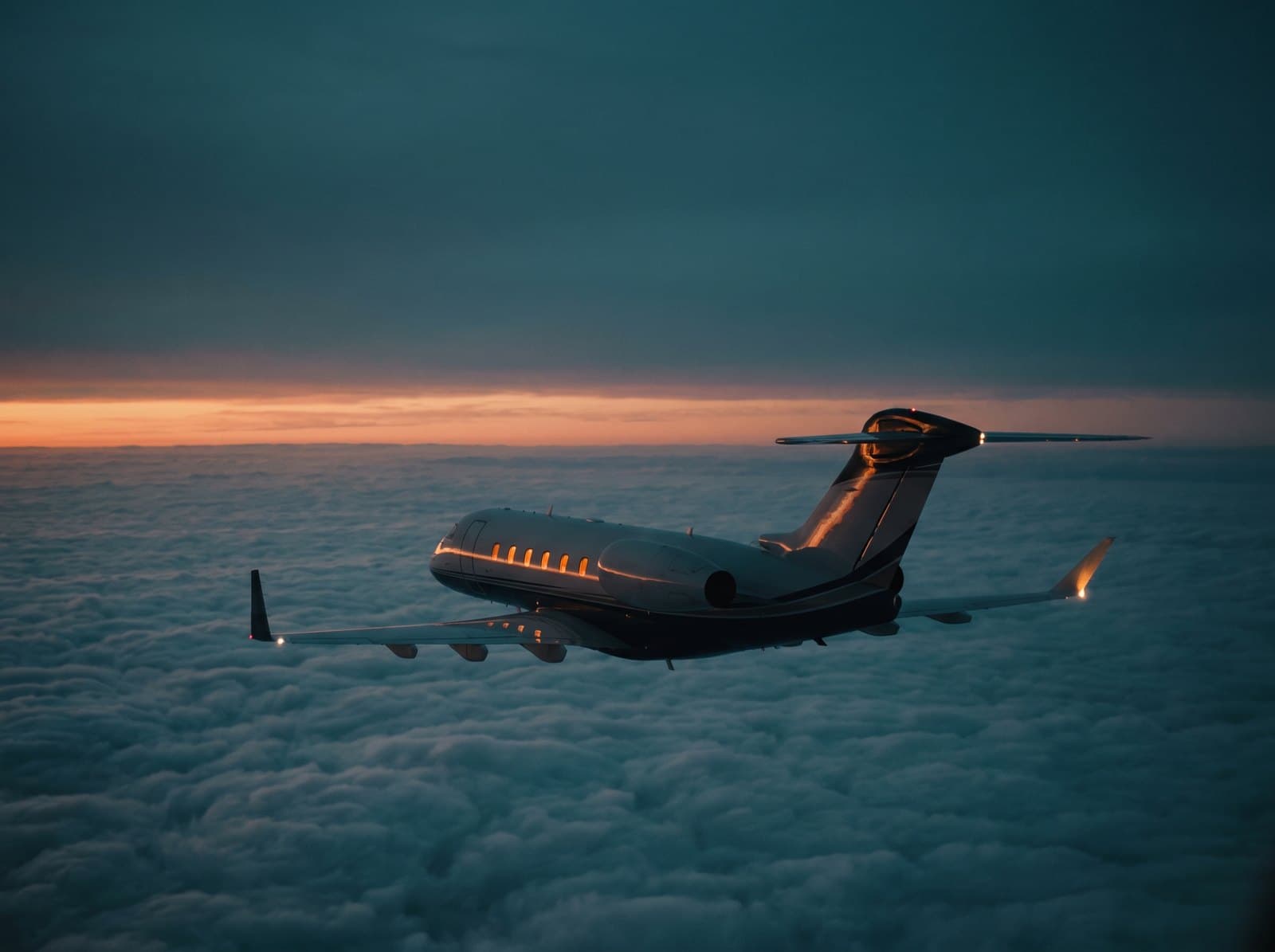 A business jet cruising above a sea of cloud at dusk