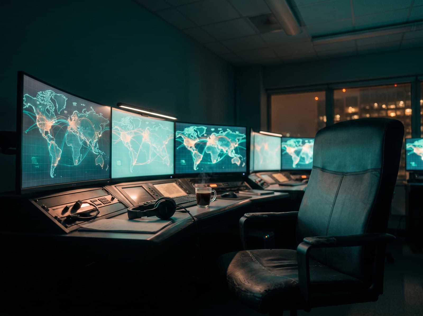 An operations control desk at night with route maps glowing on the screens