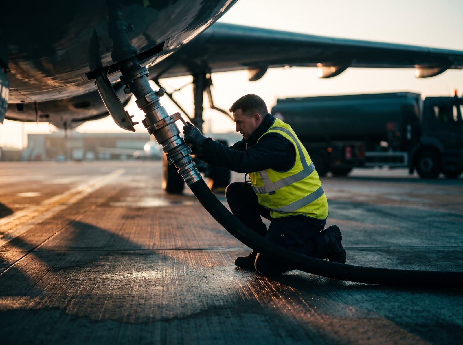 A technician refuelling an aircraft under the wing