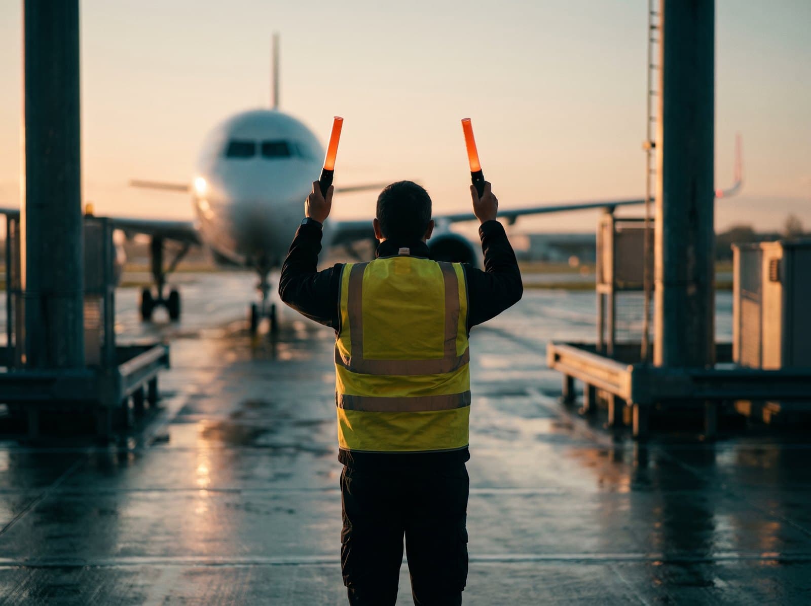 A marshaller guiding an aircraft onto stand