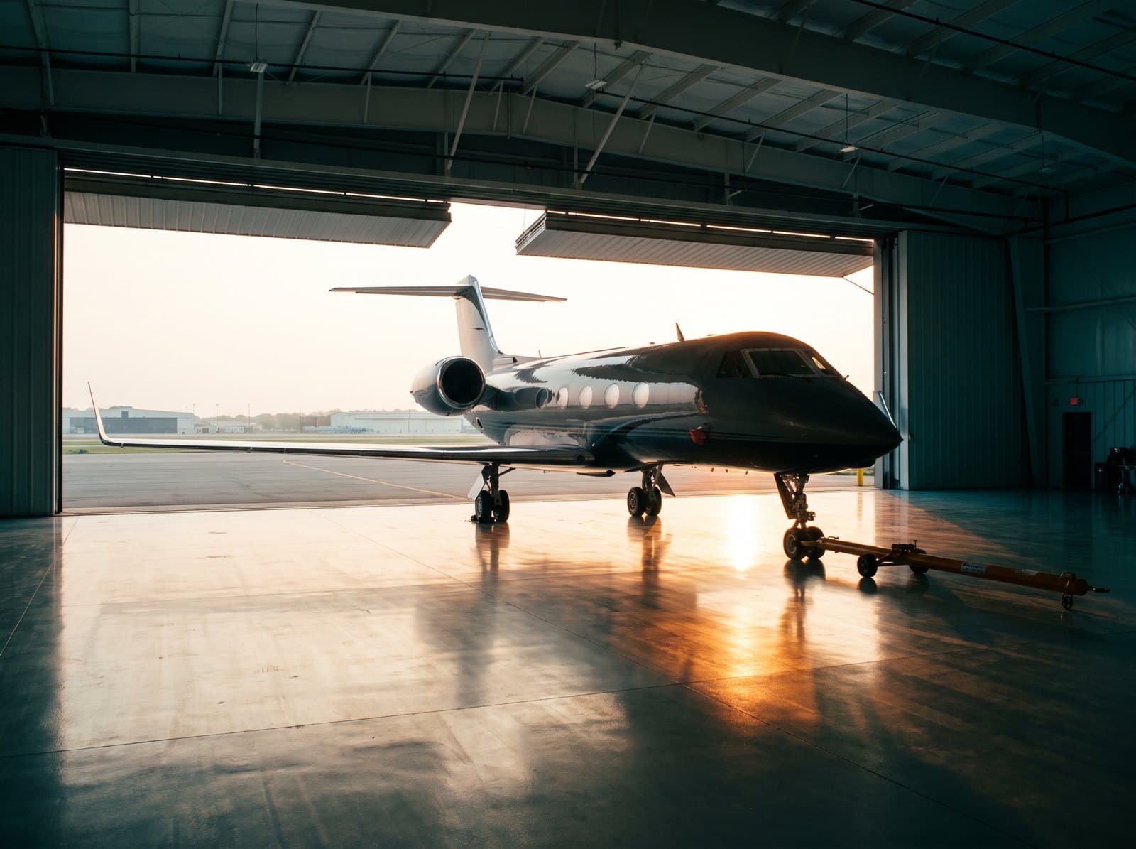 A business jet inside a hangar at dawn with the doors opening