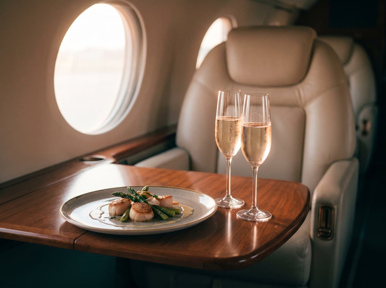 A plated meal and sparkling wine on a private jet table