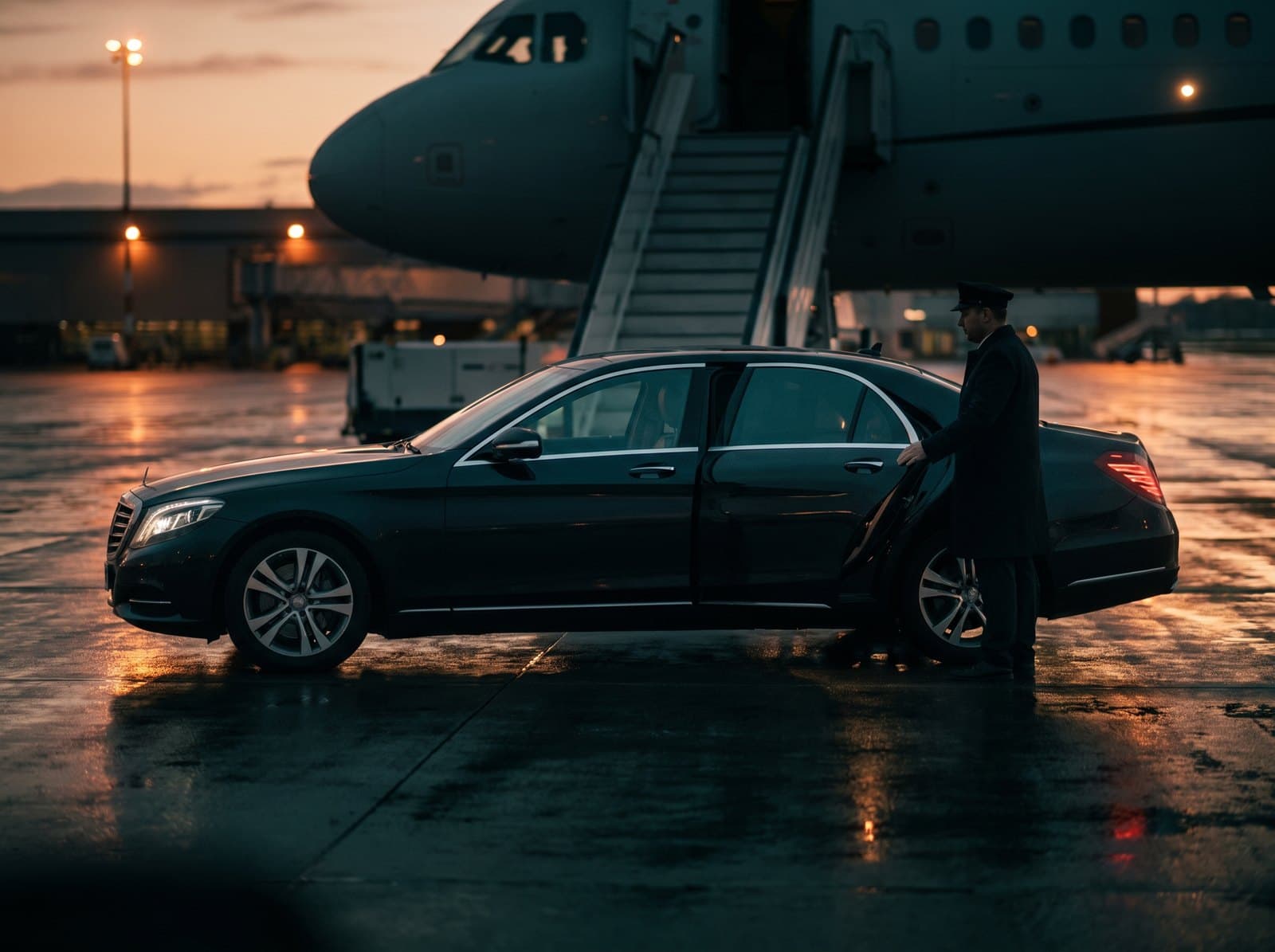 A chauffeur waiting with an executive car beside the aircraft steps